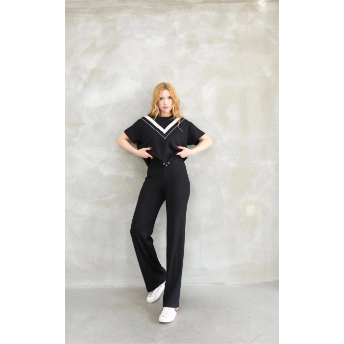 OSY MODAL YUMUŞAK DOKULU KUMAŞ BİSİKLET YAKA PARÇALI DETAYLI KISA KOLLU TAKIM - SİYAH