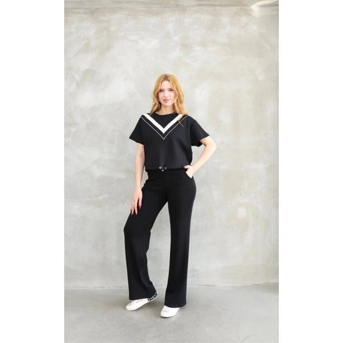 OSY MODAL YUMUŞAK DOKULU KUMAŞ BİSİKLET YAKA PARÇALI DETAYLI KISA KOLLU TAKIM - SİYAH