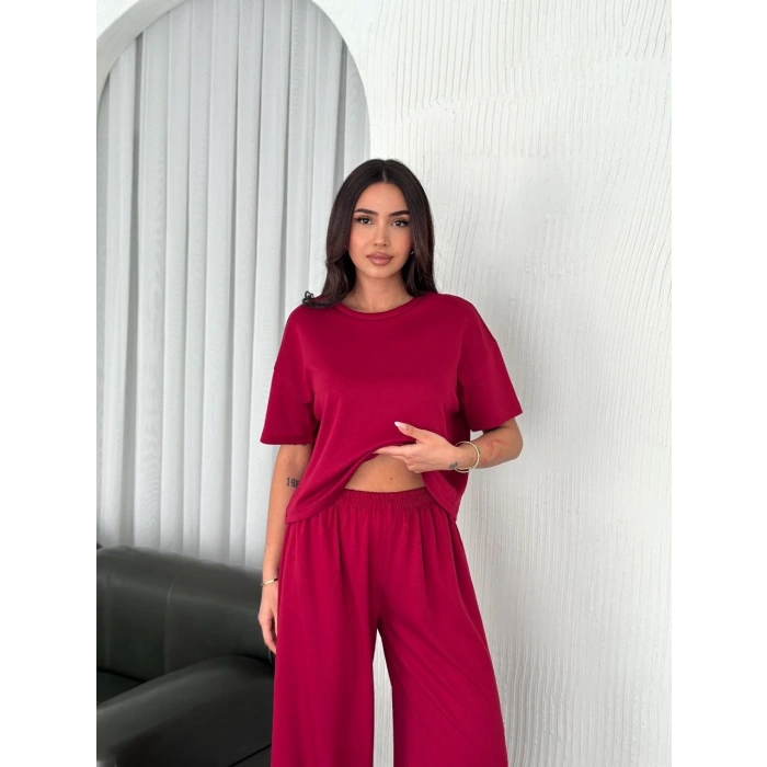 OSY MODAL YUMUŞAK DOKULU KUMAŞ BİSİKLET YAKA T-SHİRT BOL PAÇA PANTALON İKİLİ TAKIM -BORDO