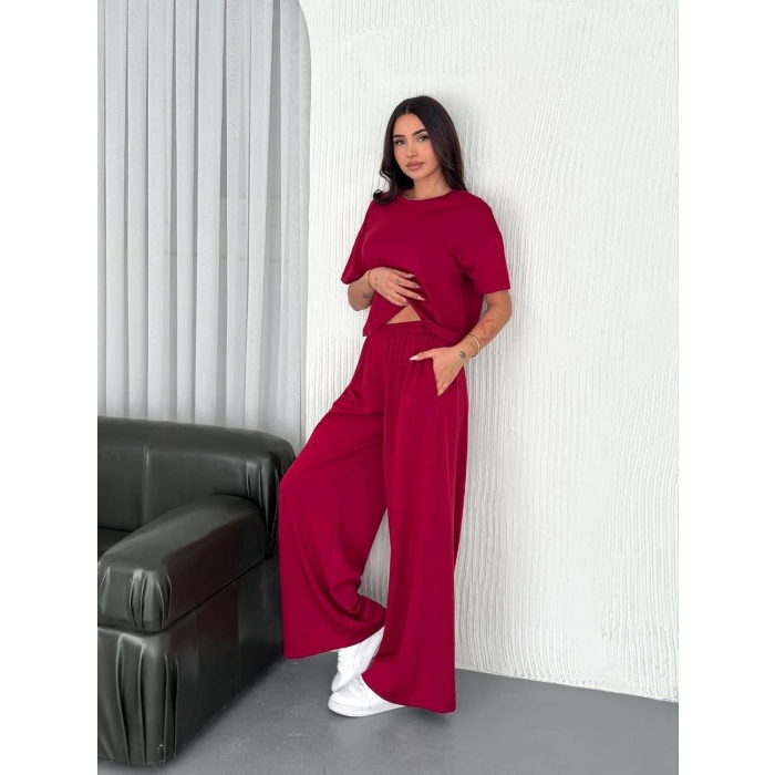 OSY MODAL YUMUŞAK DOKULU KUMAŞ BİSİKLET YAKA T-SHİRT BOL PAÇA PANTALON İKİLİ TAKIM -BORDO