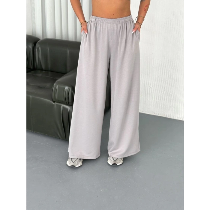 OSY MODAL YUMUŞAK DOKULU KUMAŞ BİSİKLET YAKA T-SHİRT BOL PAÇA PANTALON İKİLİ TAKIM - BOYALI GRİ