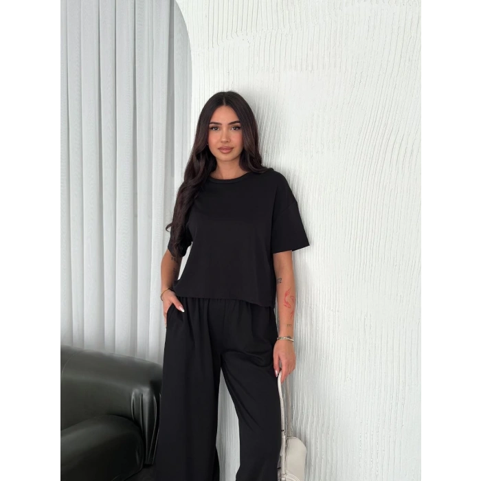OSY MODAL YUMUŞAK DOKULU KUMAŞ BİSİKLET YAKA T-SHİRT BOL PAÇA PANTALON İKİLİ TAKIM -SİYAH