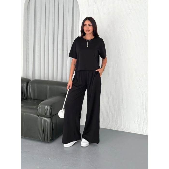 OSY MODAL YUMUŞAK DOKULU KUMAŞ BİSİKLET YAKA T-SHİRT BOL PAÇA PANTALON İKİLİ TAKIM -SİYAH