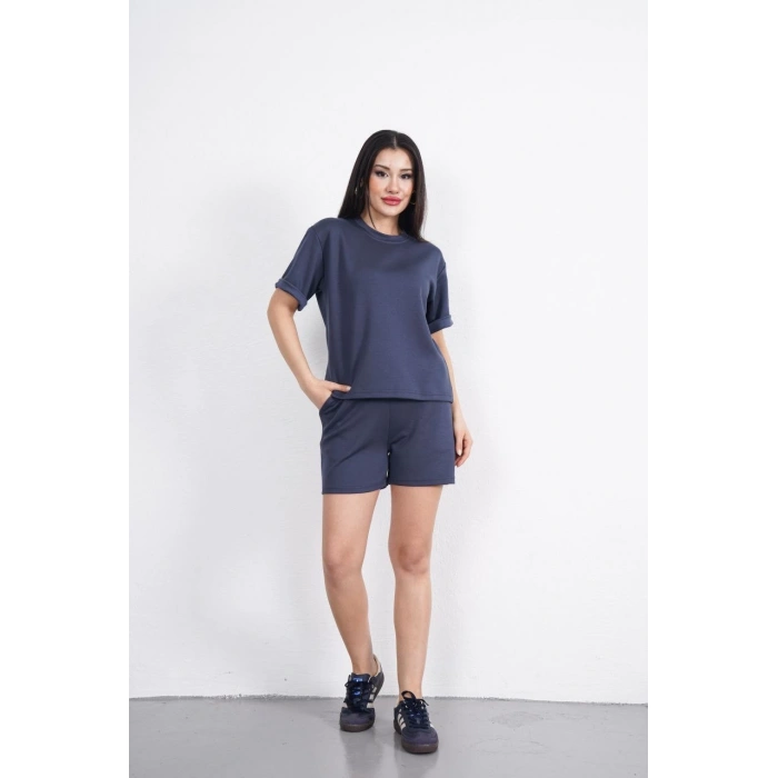 OSY MODAL YUMUŞAK DOKULU KUMAŞ KADIN BİSİKLET YAKA T-SHİRT KISA ŞORT İKİLİ TAKIM - ANTRASİT