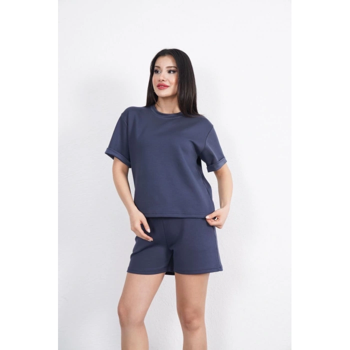 OSY MODAL YUMUŞAK DOKULU KUMAŞ KADIN BİSİKLET YAKA T-SHİRT KISA ŞORT İKİLİ TAKIM - ANTRASİT