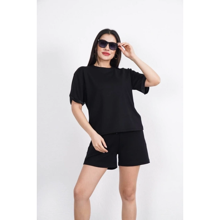 OSY MODAL YUMUŞAK DOKULU KUMAŞ KADIN BİSİKLET YAKA T-SHİRT KISA ŞORT İKİLİ TAKIM - SİYAH
