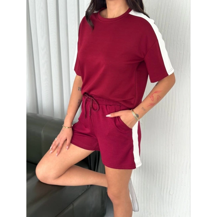 OSY MODAL YUMUŞAK DOKULU KUMAŞ KADIN PARÇALI BİSİKLET YAKA T-SHİRT KISA ŞORT İKİLİ TAKIM - BORDO