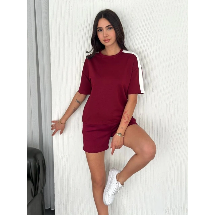 OSY MODAL YUMUŞAK DOKULU KUMAŞ KADIN PARÇALI BİSİKLET YAKA T-SHİRT KISA ŞORT İKİLİ TAKIM - BORDO