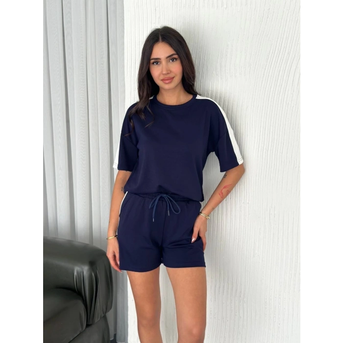 OSY MODAL YUMUŞAK DOKULU KUMAŞ KADIN PARÇALI BİSİKLET YAKA T-SHİRT KISA ŞORT İKİLİ TAKIM - MAVİ