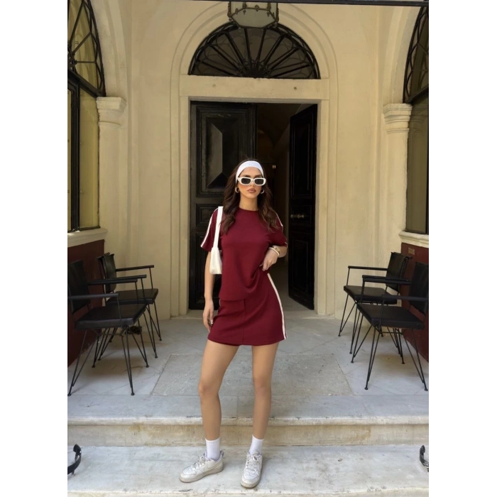 OSY MODAL YUMUŞAK DOKULU KUMAŞ KADIN PARÇALI BİSİKLET YAKA T-SHİRT MİNİ ŞORTLU ETEK İKİLİ TAKIM -BORDO