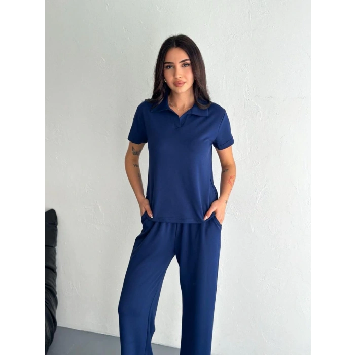 OSY MODAL YUMUŞAK DOKULU KUMAŞ KISA KOLLU YAKALI T-SHİRT PANTALON İKİLİ TAKIM- LACİVERT