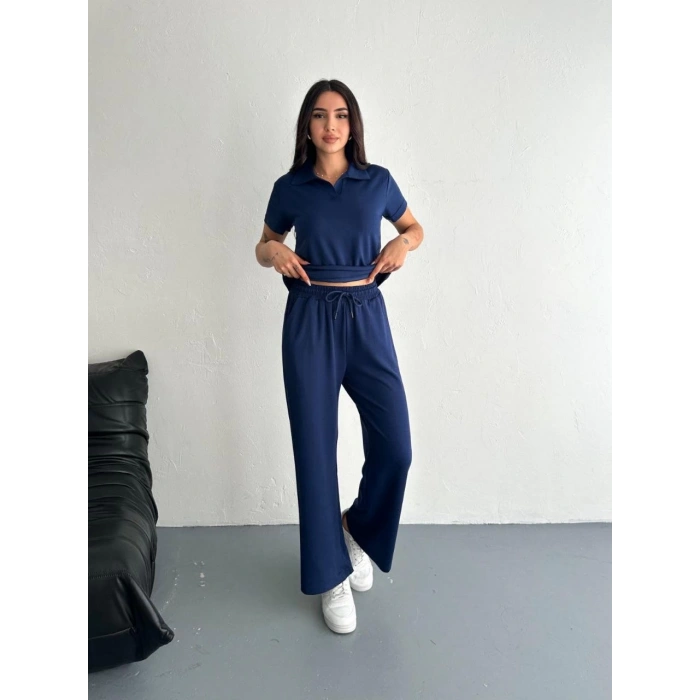 OSY MODAL YUMUŞAK DOKULU KUMAŞ KISA KOLLU YAKALI T-SHİRT PANTALON İKİLİ TAKIM- LACİVERT
