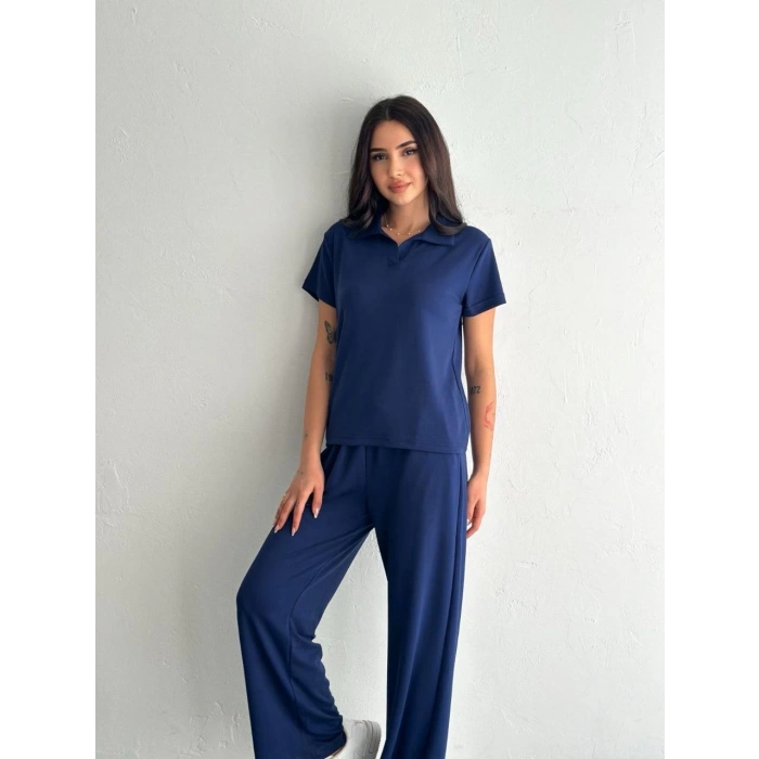OSY MODAL YUMUŞAK DOKULU KUMAŞ KISA KOLLU YAKALI T-SHİRT PANTALON İKİLİ TAKIM- LACİVERT