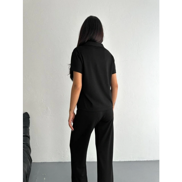 OSY MODAL YUMUŞAK DOKULU KUMAŞ KISA KOLLU YAKALI T-SHİRT PANTALON İKİLİ TAKIM- SİYAH