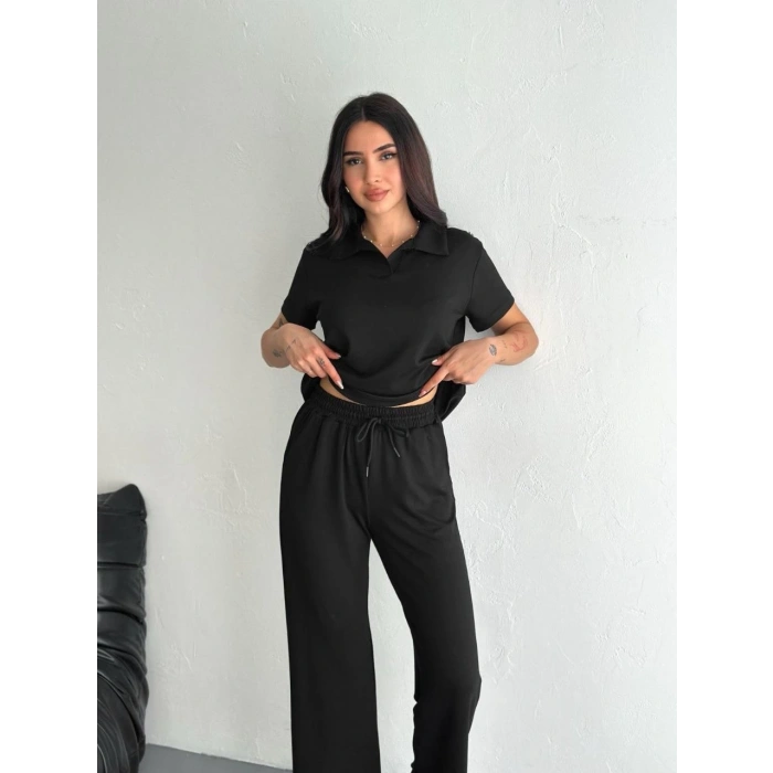 OSY MODAL YUMUŞAK DOKULU KUMAŞ KISA KOLLU YAKALI T-SHİRT PANTALON İKİLİ TAKIM- SİYAH