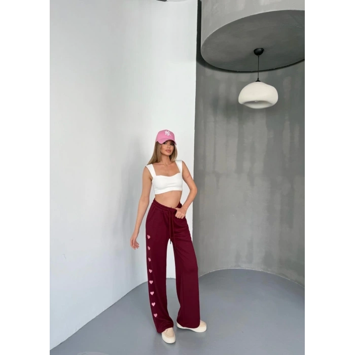 Osy Modal Yumuşak Dokulu Kumaş Nakış işlemeli Rahat Bol Paça Eşofman Pantalon - Bordo