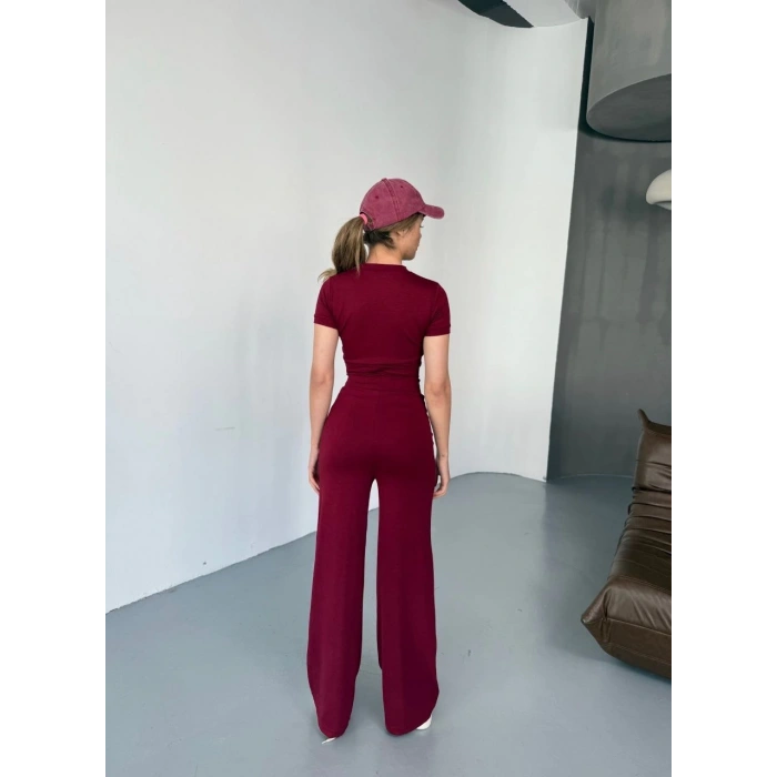 OSY MODAL YUMUŞAK DOKULU KUMAŞ NAKIŞ İŞLEMELİ RAHAT BOL PAÇA EŞOFMAN PANTALON - BORDO