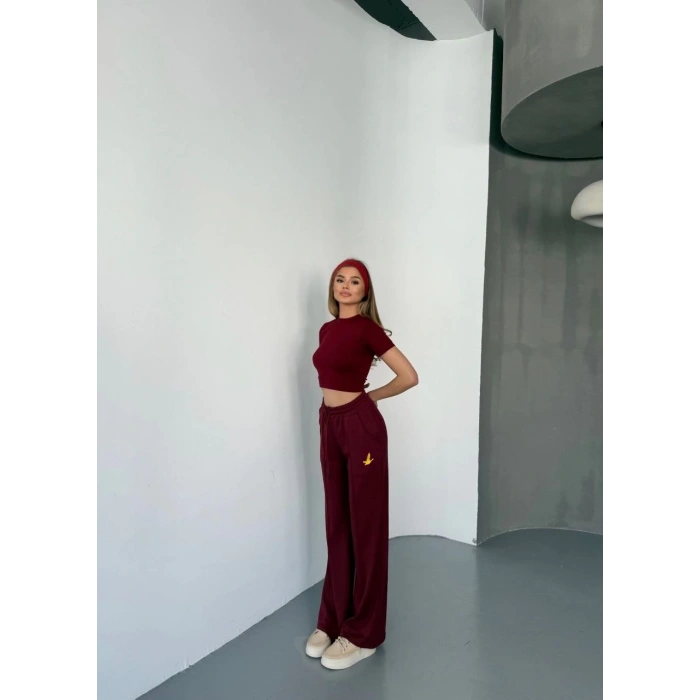 OSY MODAL YUMUŞAK DOKULU KUMAŞ NAKIŞ İŞLEMELİ RAHAT BOL PAÇA EŞOFMAN PANTALON - BORDO