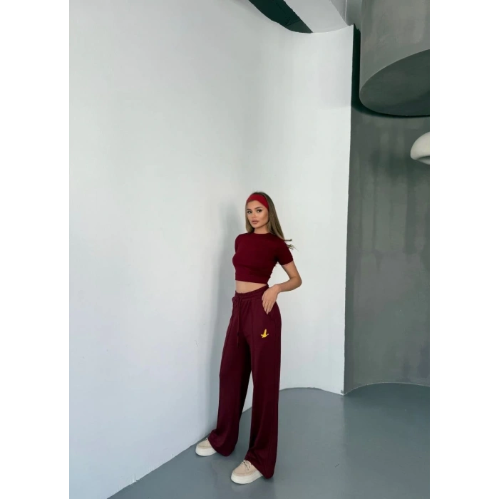 Osy Modal Yumuşak Dokulu Kumaş Nakış işlemeli Rahat Bol Paça Eşofman Pantalon - Bordo