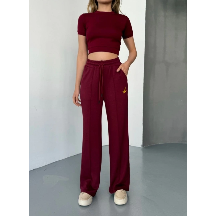 OSY MODAL YUMUŞAK DOKULU KUMAŞ NAKIŞ İŞLEMELİ RAHAT BOL PAÇA EŞOFMAN PANTALON - BORDO