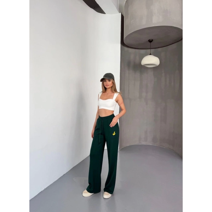 Osy Modal Yumuşak Dokulu Kumaş Nakış işlemeli Rahat Bol Paça Eşofman Pantalon - Yeşil