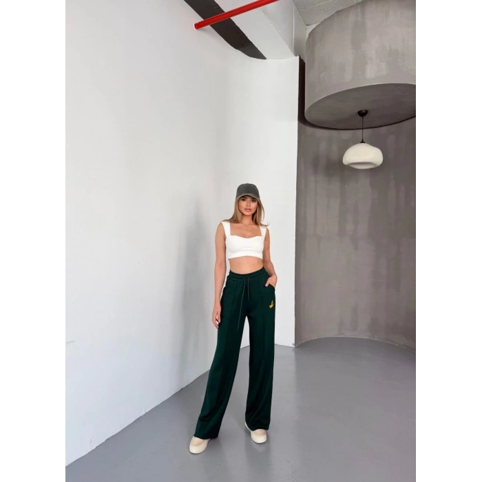 Osy Modal Yumuşak Dokulu Kumaş Nakış işlemeli Rahat Bol Paça Eşofman Pantalon - Yeşil