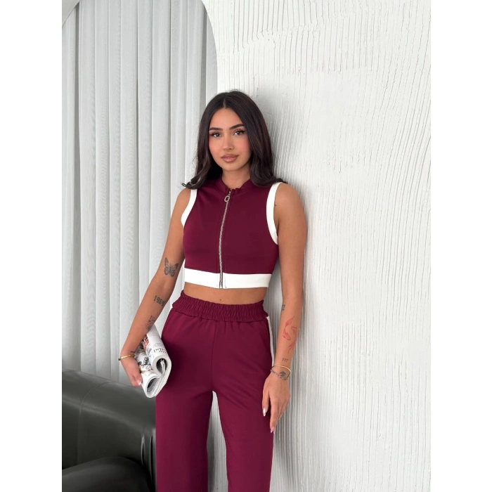 OSY MODAL YUMUŞAK DOKULU KUMAŞ TAM FERMUARLI CROP PANTALON İKİLİ TAKIM - BORDO