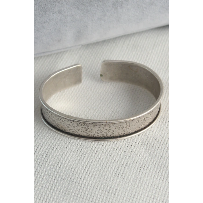 Otantik Gümüş Renk Motif İşleme Detay Plaka Erkek Bileklik