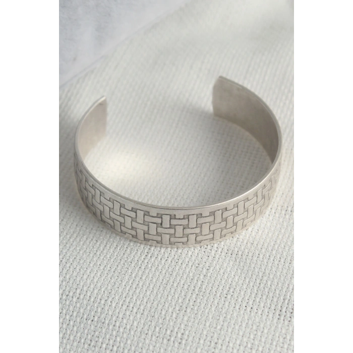 Otantik Gümüş Renk Motif İşleme Detay Plaka Erkek Bileklik