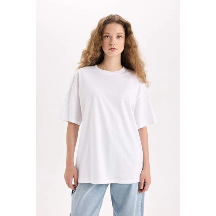 Oversize Fit Kısa Kollu Basic %100 Pamuk Tişört Beyaz