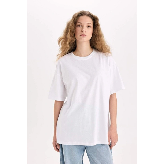 Oversize Fit Kısa Kollu Basic %100 Pamuk Tişört Beyaz