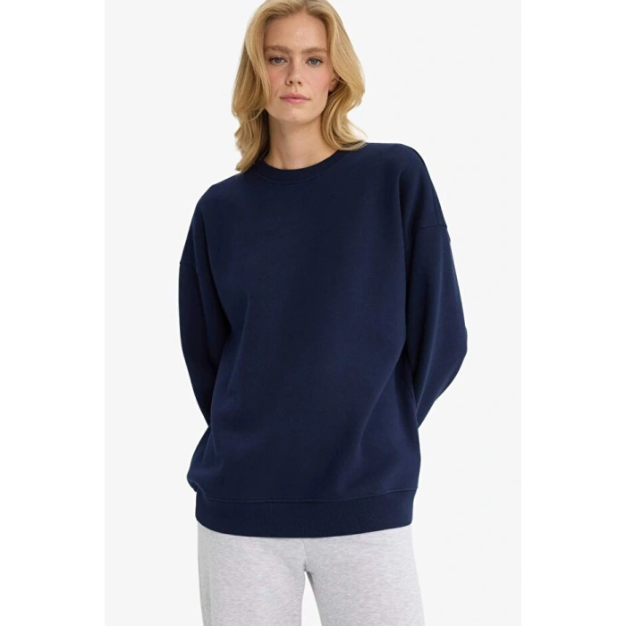 Oversize Geniş Kalıp Bisiklet Yaka Basic Düz Kalın Sweatshirt
