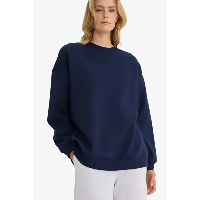 Oversize Geniş Kalıp Bisiklet Yaka Basic Düz Kalın Sweatshirt