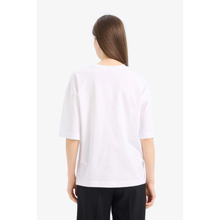 Oversize Geniş Kalıp Bisiklet Yaka Penye Basic Düz Kısa Kollu Beyaz Tişört