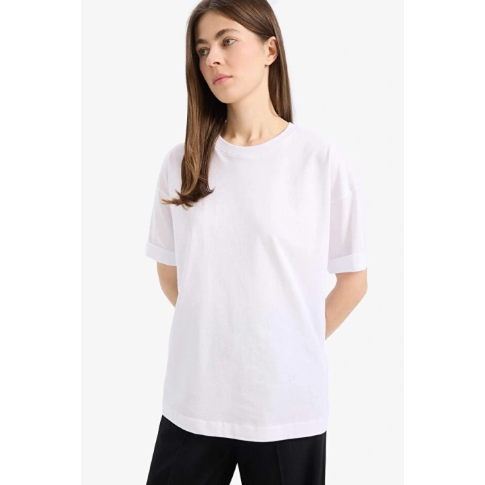 Oversize Geniş Kalıp Bisiklet Yaka Penye Basic Düz Kısa Kollu Beyaz Tişört