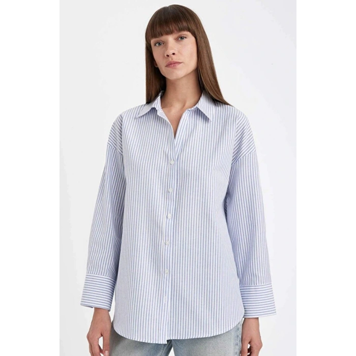 Oversize Geniş Kalıp Çizgili Oxford Uzun Kollu Gömlek
