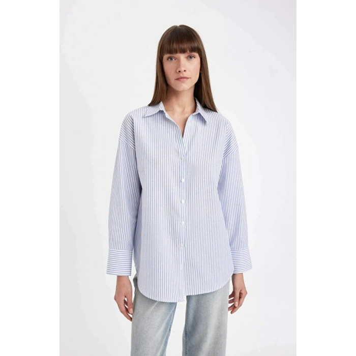 Oversize Geniş Kalıp Çizgili Oxford Uzun Kollu Gömlek