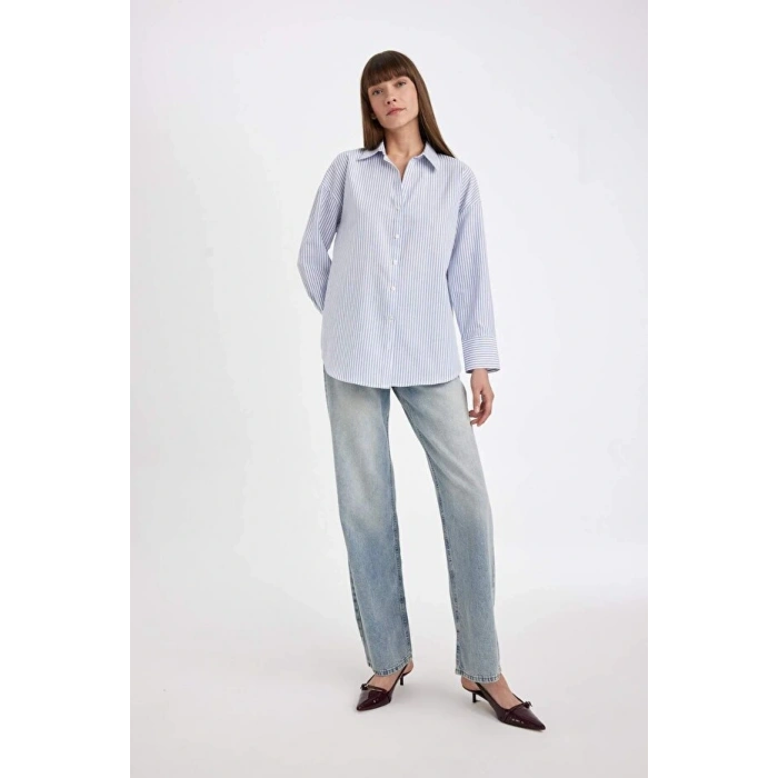 Oversize Geniş Kalıp Çizgili Oxford Uzun Kollu Gömlek