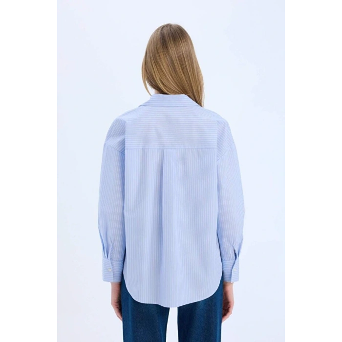 Oversize Geniş Kalıp Çizgili Poplin Uzun Kollu Gömlek