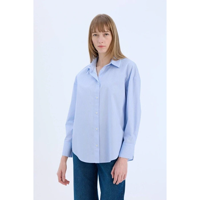 Oversize Geniş Kalıp Çizgili Poplin Uzun Kollu Gömlek