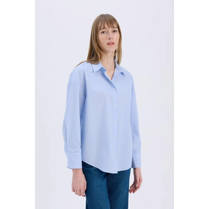 Oversize Geniş Kalıp Çizgili Poplin Uzun Kollu Gömlek