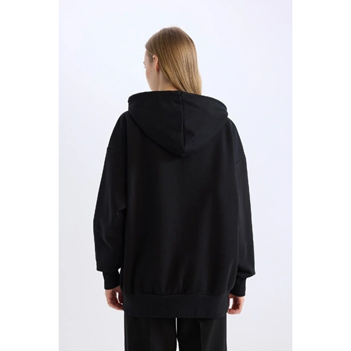 Oversize Geniş Kalıp Kapüşonlu Cepli Basic Düz Fermuarlı Sweatshirt