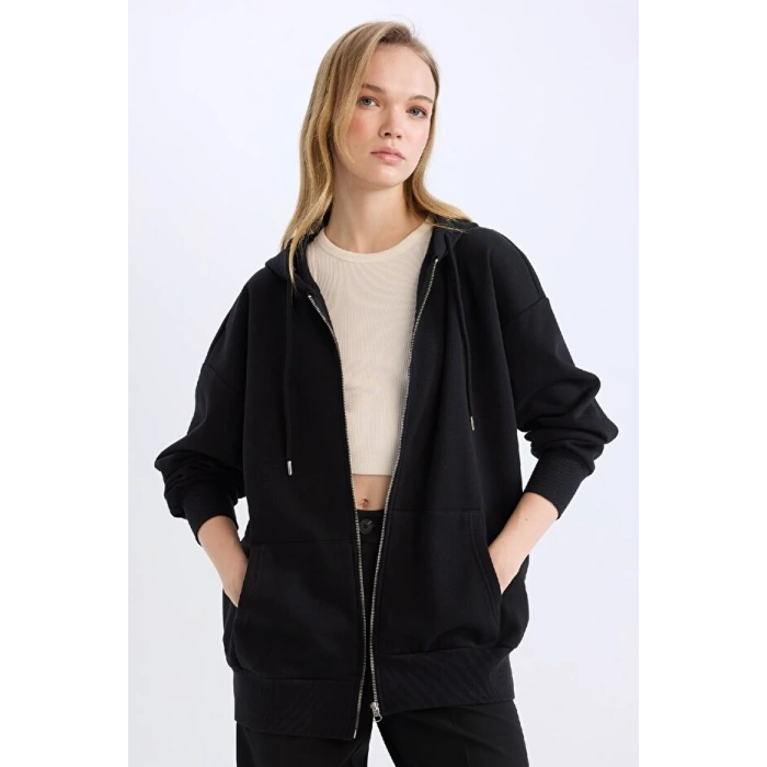 Oversize Geniş Kalıp Kapüşonlu Cepli Basic Düz Fermuarlı Sweatshirt