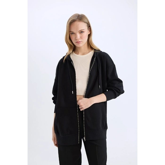 Oversize Geniş Kalıp Kapüşonlu Cepli Basic Düz Fermuarlı Sweatshirt