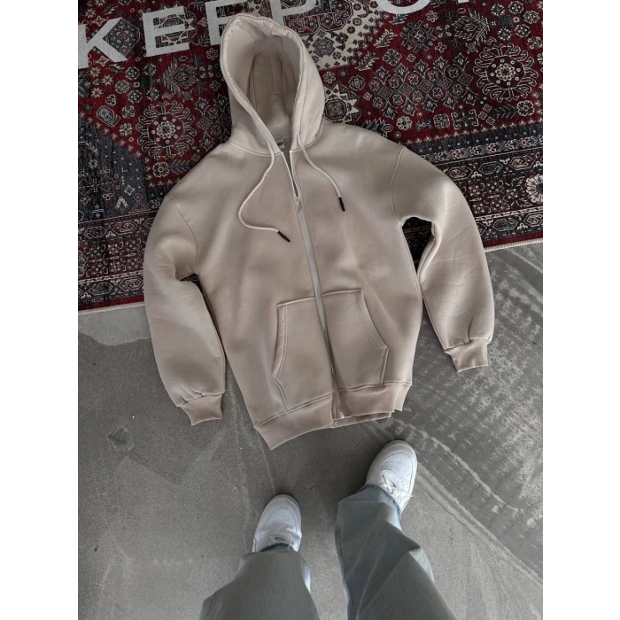 Oversize Tam Fermuarlı Uzun Kol Hırka - Bej