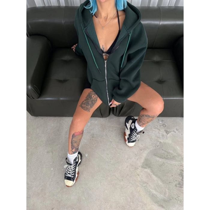 OVERSİZE TAM FERMUARLI UZUN KOL HIRKA - HAKİ