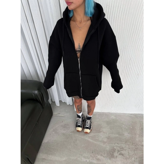 OVERSİZE TAM FERMUARLI UZUN KOL HIRKA - SİYAH