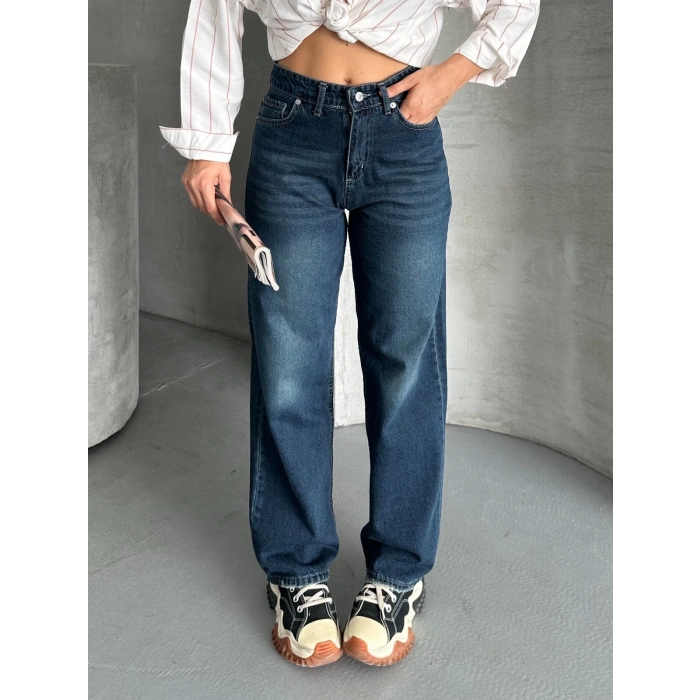 Palazzo bıyık enzim yıkama jeans pantolon koyu mavi d2008