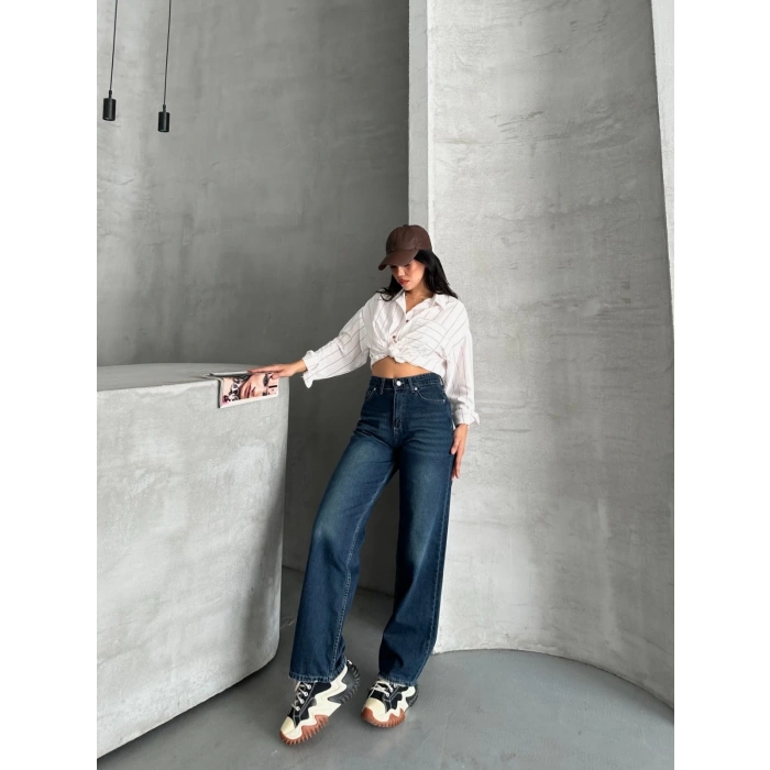 Palazzo bıyık enzim yıkama jeans pantolon koyu mavi d2008