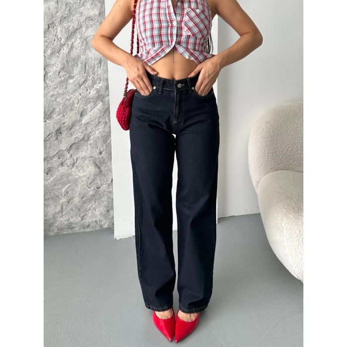 Palazzo süper taş enzim tint yıkama koyu lacivert jeans pantolon d2008